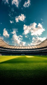 Empty football stadium under dramatic blue sky at sunset.