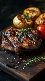 Grilled steak rests on wooden board beside potatoes and tomato