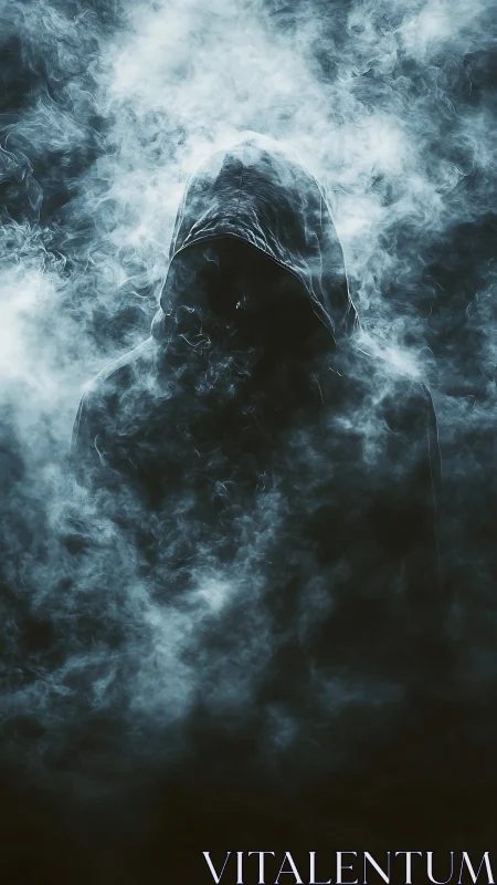 Hooded silhouette dissolves into volumetric cyan smoke field