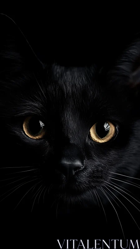 Black Cat with Piercing Amber Eyes Against Dark Background
