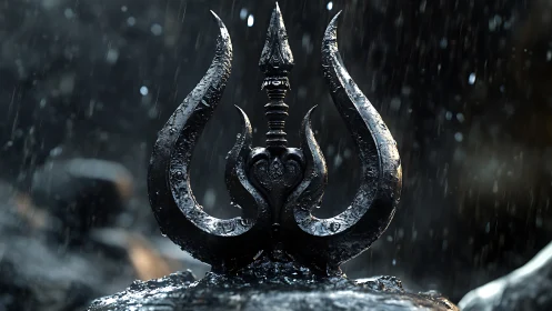 Weathered trident emblem under cinematic volumetric rainfall.