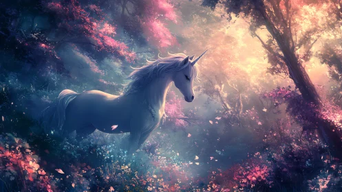 Luminous unicorn wandering through enchanted blossom forest.