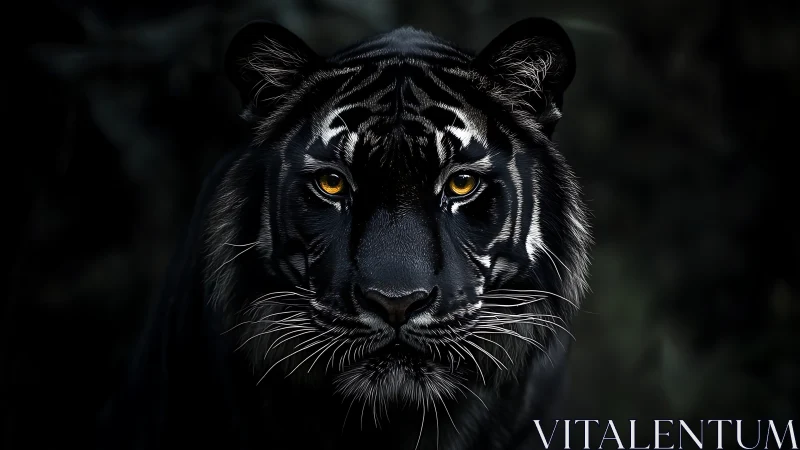 Majestic black tiger stares through darkness with golden eyes