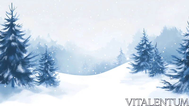 Snow-covered conifer trees stand across a winter hillside