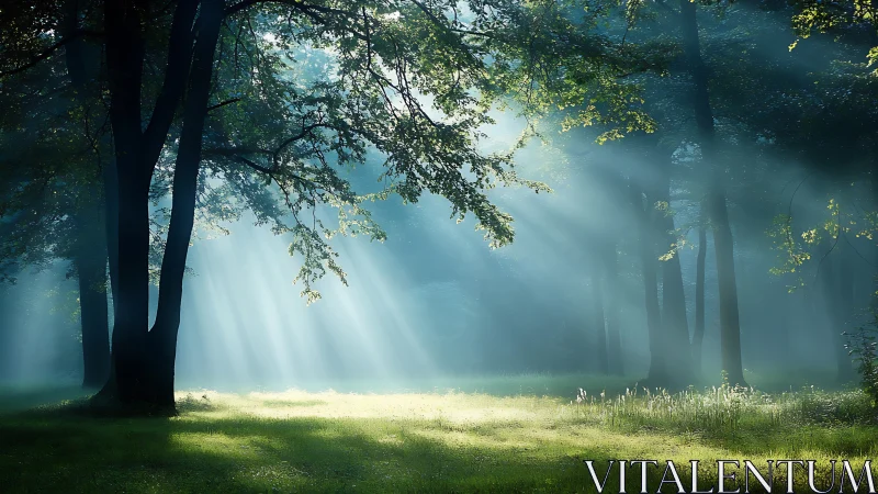 Sunbeams Filtering Through Forest Trees in Serene Morning Light.