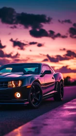Dark sports coupe on wet road under vivid sunset sky.