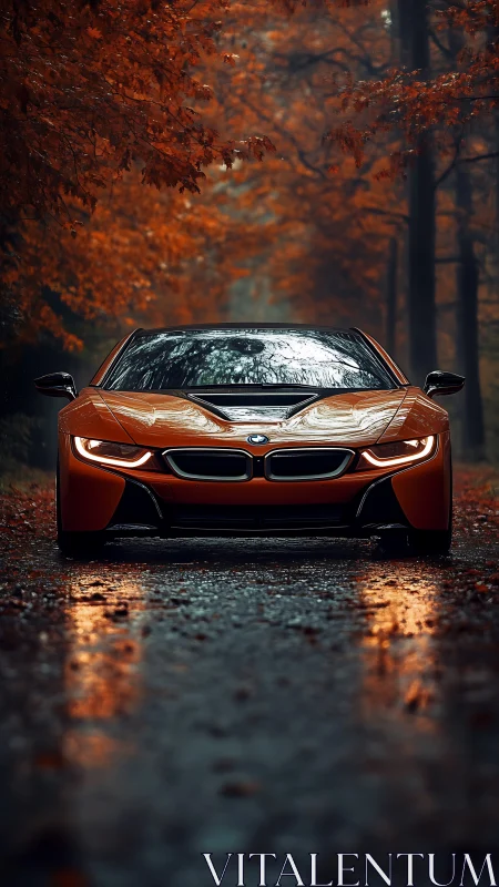 Orange sports coupe stands on wet forest road at dusk