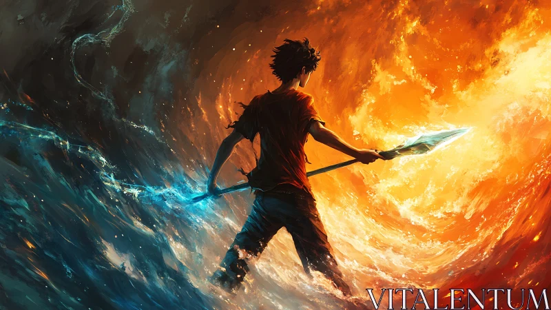 Dynamic elemental warrior stabilizes colliding fire and water vortex