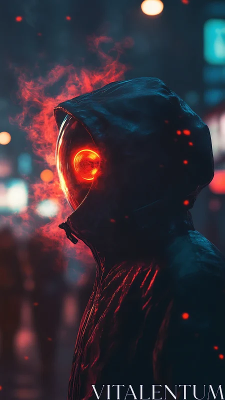 Lone cyber hooded figure glows gently in neon night air