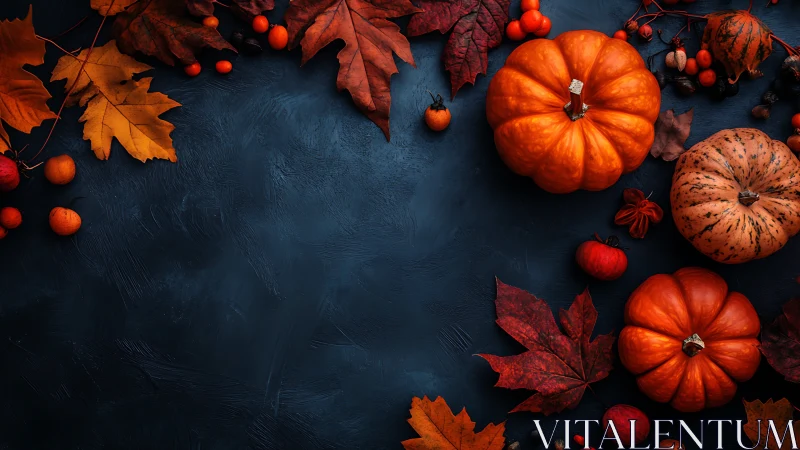 Autumn pumpkins frame dark textured background with leaves
