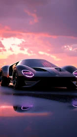 Low-angle view of black sports car on wet surface at dusk.