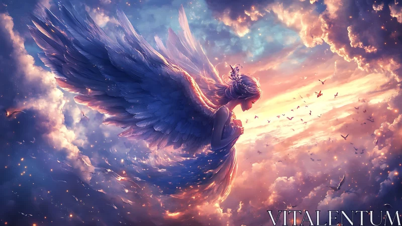 Luminous winged seraph in radiant celestial cloudscape digital painting.