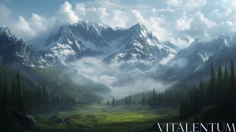 Snowy mountain range rises above misty conifer valley