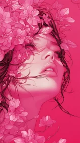 Floral portrait of a woman emerging from vivid pink blossoms.