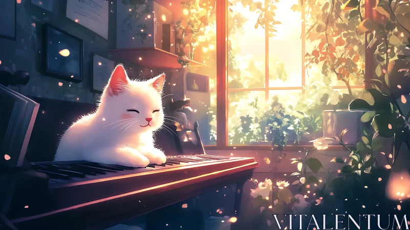 Sleepy white cat rests on piano in golden garden light