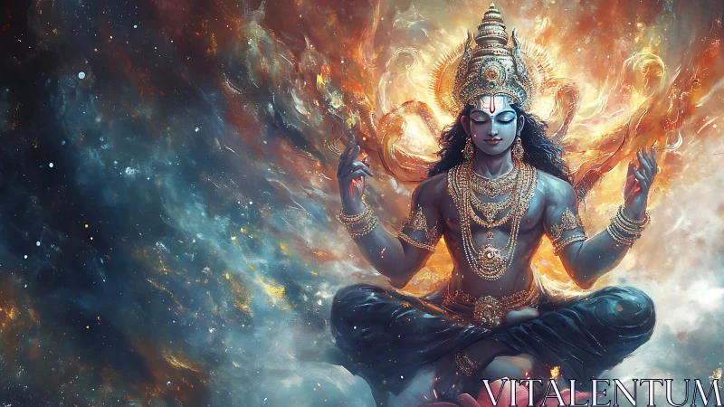 Celestial deity in cosmic meditation rendered as luminous digital art