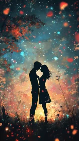 Silhouetted Couple Kiss Amid Luminous Particle Explosion