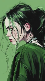 Green-haired girl in moody profile digital portrait illustration.