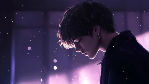 Side profile of youth in purple backlight with particles