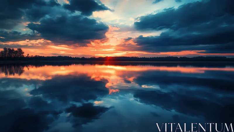 Sunset over calm lake with dark cloud formations reflected.