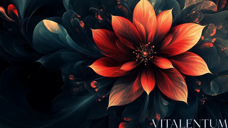 Crimson fractal flower blooms over deep teal vortex.