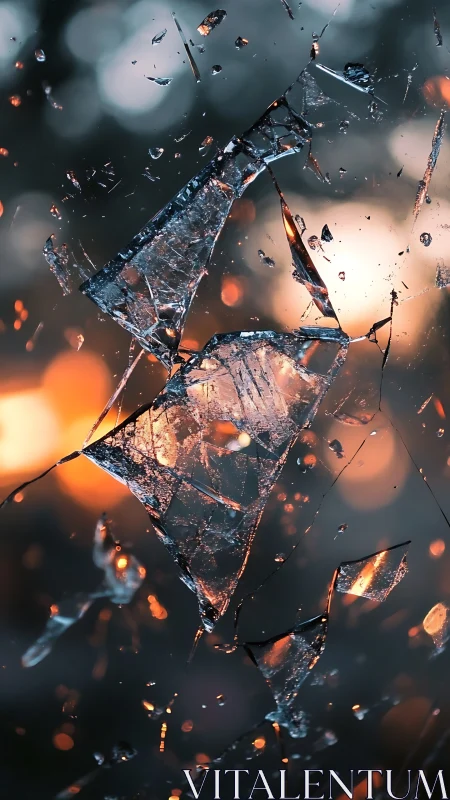 Fractured glass shards in shallow depth-of-field bokeh field.
