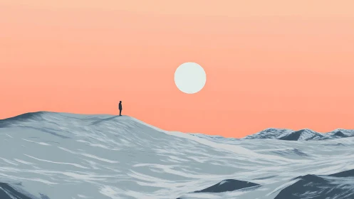 Solitary figure on pale hills under soft peach sunlit sky.