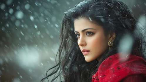 Profile view of woman in snowfall with red coat detail.