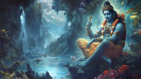 Blue-skinned deity figure in luminous forest river scene.