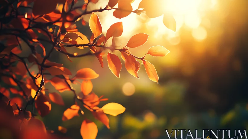 Autumn leaves glowing in golden sunlight, soft focus nature scene.