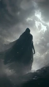 Cloaked figure stands against dense storm clouds in mist