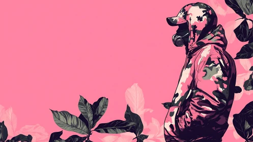 Hooded camo figure with respirator against pink ground.