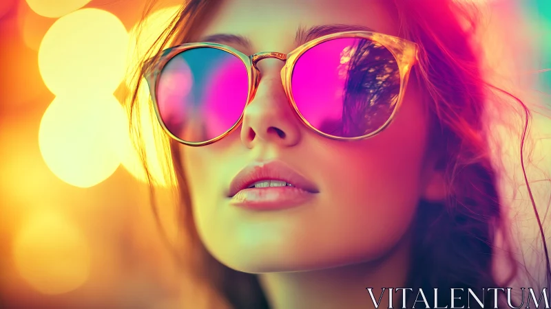 Portrait of woman in mirrored sunglasses with neon bokeh.