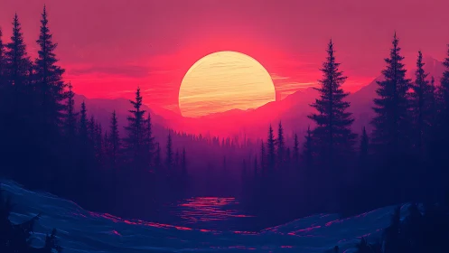 Neon-hued forest sunset bathes misty mountains in light.