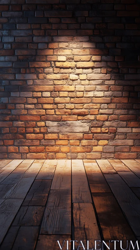 Warm spotlight illuminates rustic brick wall and wood floor.