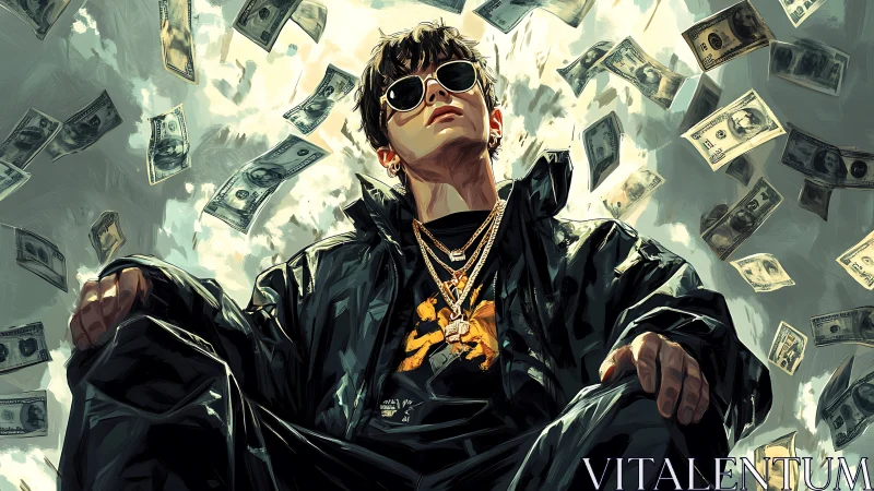 Hyperreal rap icon under dynamic dollar cascade composition.