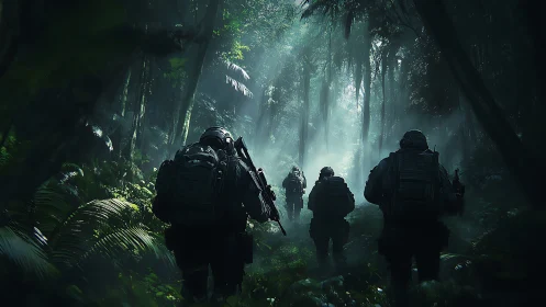 Shadow squad advances through emerald jungle misted silence.