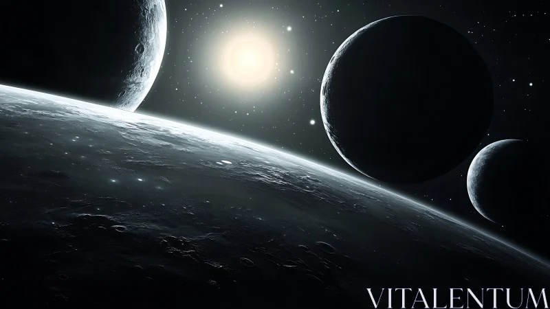 Photorealistic multi-planet vista with glancing star illumination.