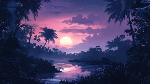 Soft tropical sunset glows over a tranquil jungle river