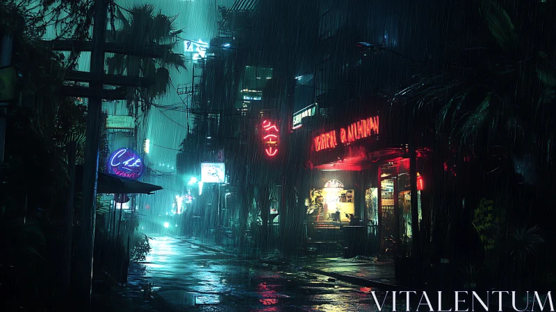 Neon‑lit urban alley shows wet pavement under heavy rain