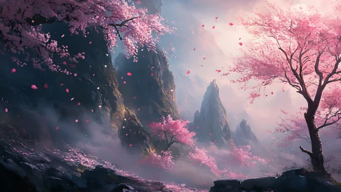 Blossoming mountain valley under drifting cherry petals.
