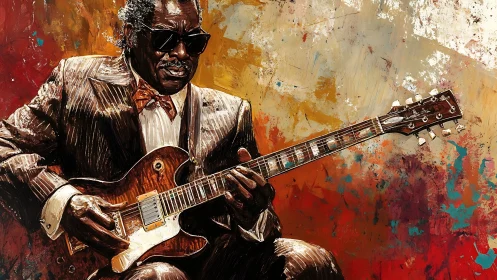 Blues guitarist in vivid abstract strokes captures soulful sound.