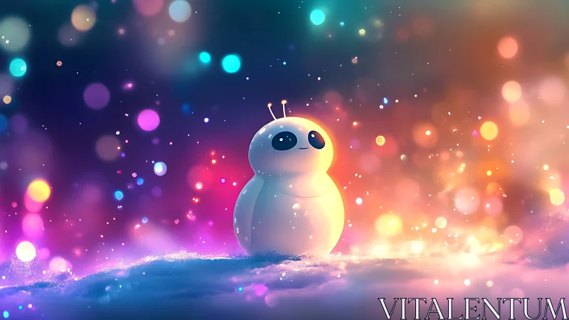 Adorable robot figure glows amid luminous bokeh nebula field