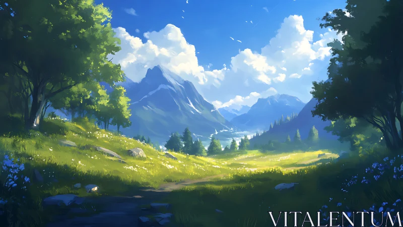 Digital painting of alpine meadow with expansive valley light.