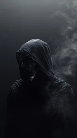 Hooded silhouette emerges from vapor under dramatic rim light