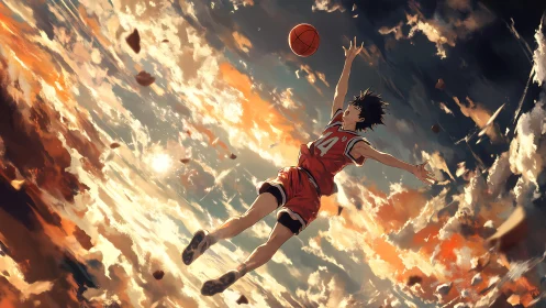 Soaring youth basketball leap framed by blazing clouds sky.