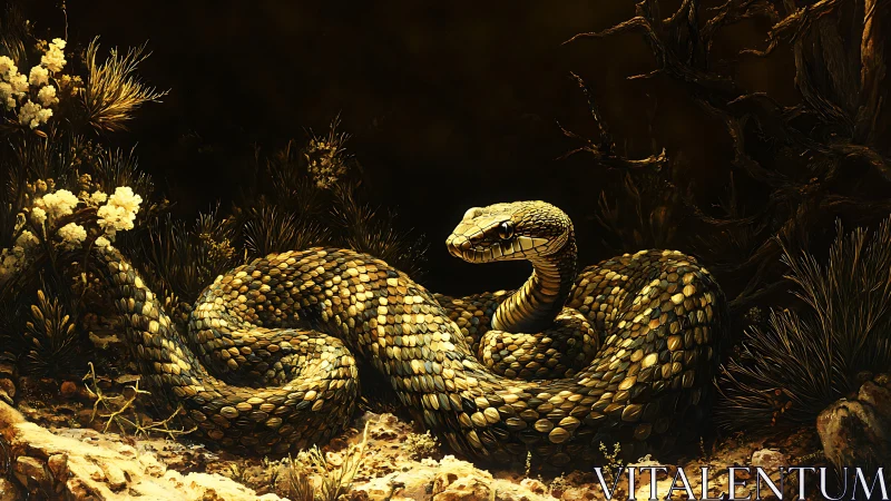 Golden desert serpent coils like living armor beneath stars