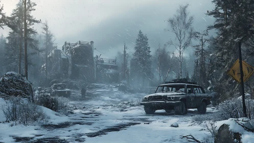 Snowbound derelict vehicles near decaying industrial facility.