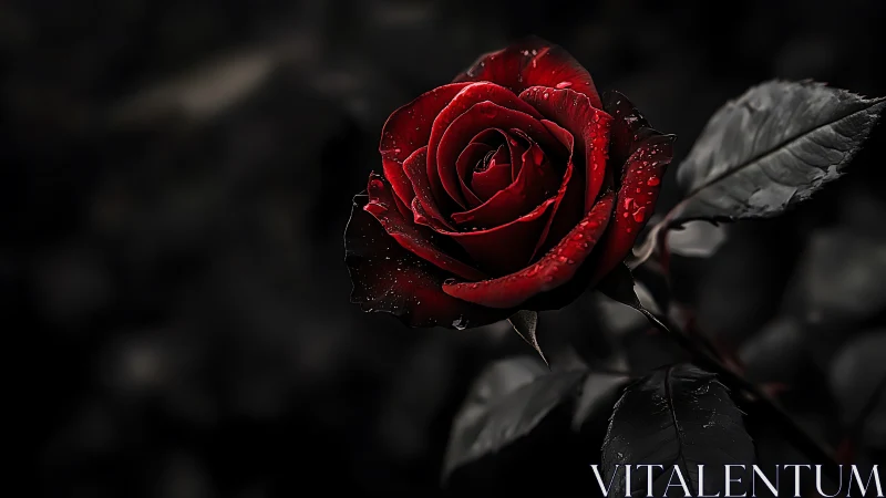Vivid red rose with dew droplets against dark background