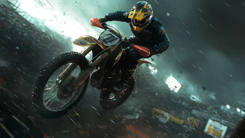 Storm-lit motocross daredevil soaring through stadium rain.